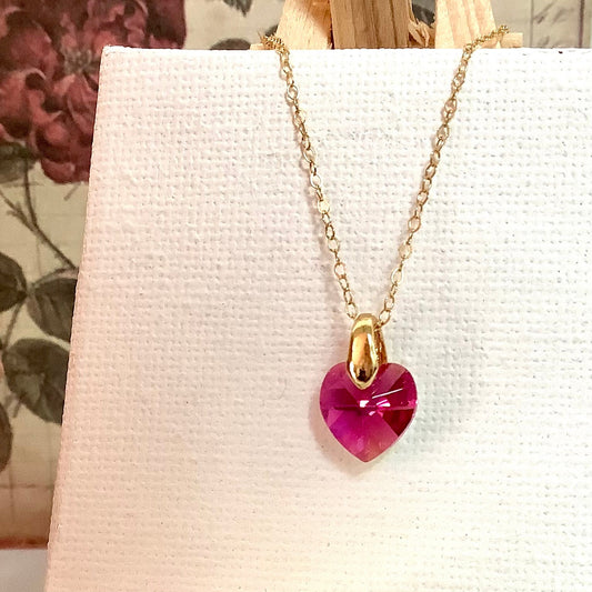 Collier coeur Fuchsia pendentif cristal Swarovski chaîne Gold Filled plaqué or 14 k