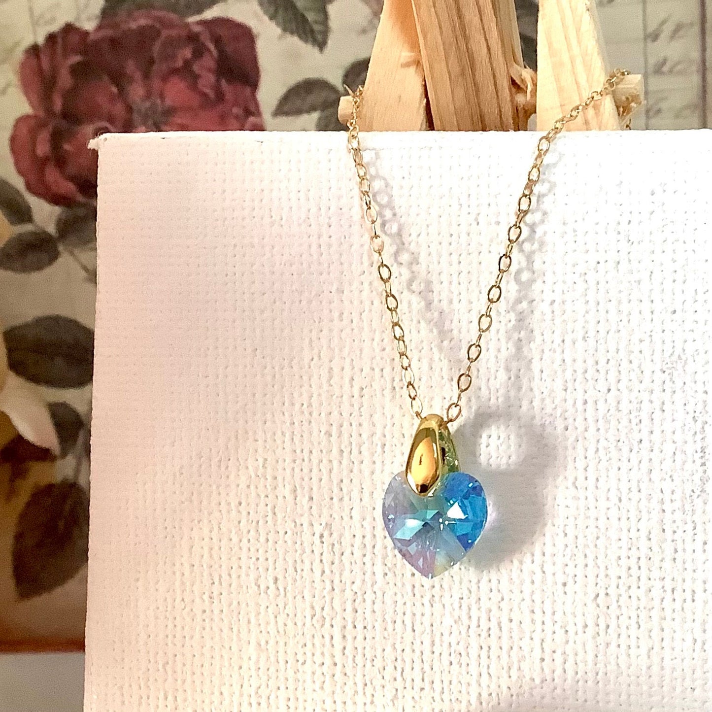 Collier coeur Aquamarine pendentif cristal Swarovski chaîne Gold Filled plaqué or 14 k