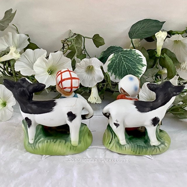 Figurines couple enfants fermiers vaches porcelaine ht 10 cm vintage