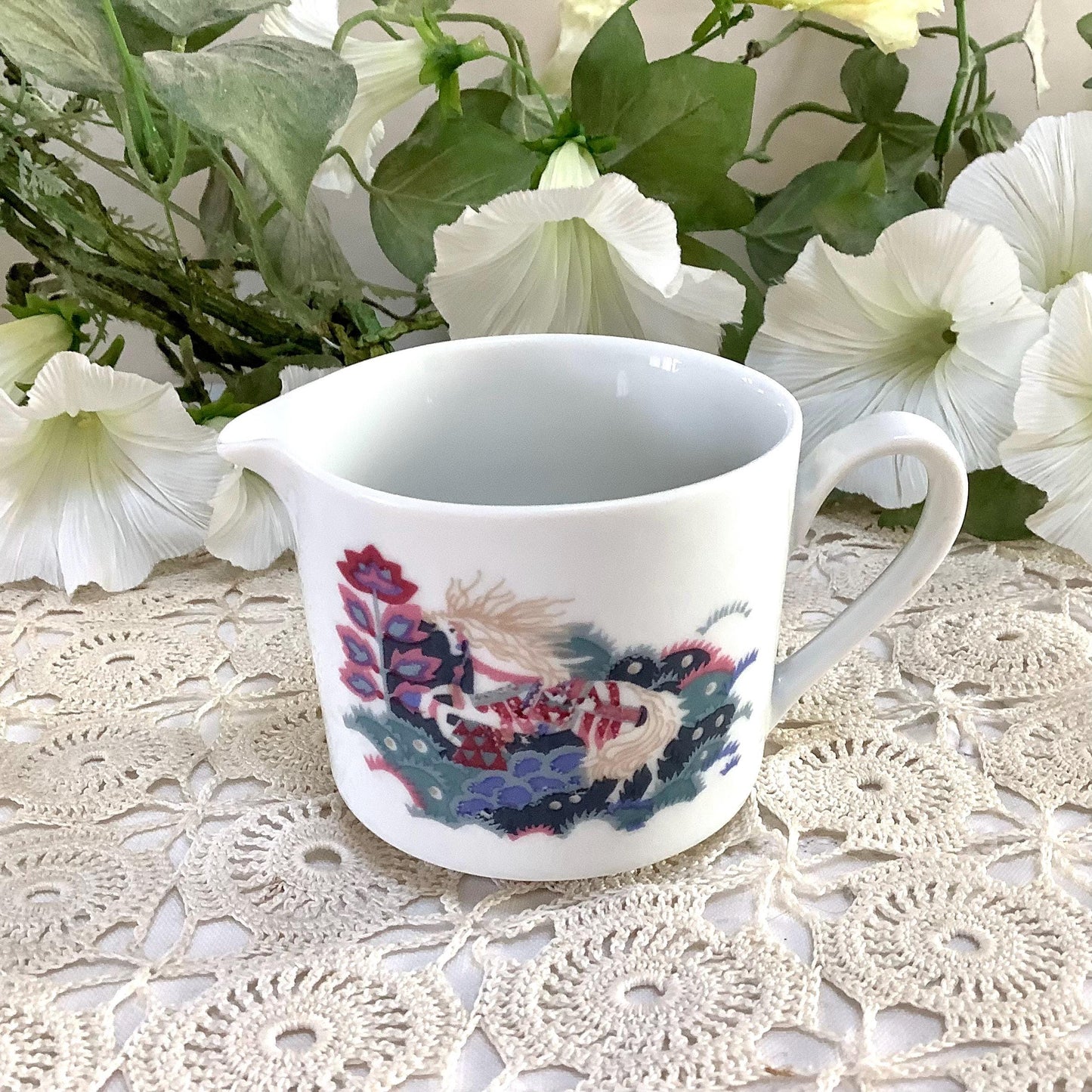Cafetière théière pot à lait porcelaine blanche cheval création alpac vintage