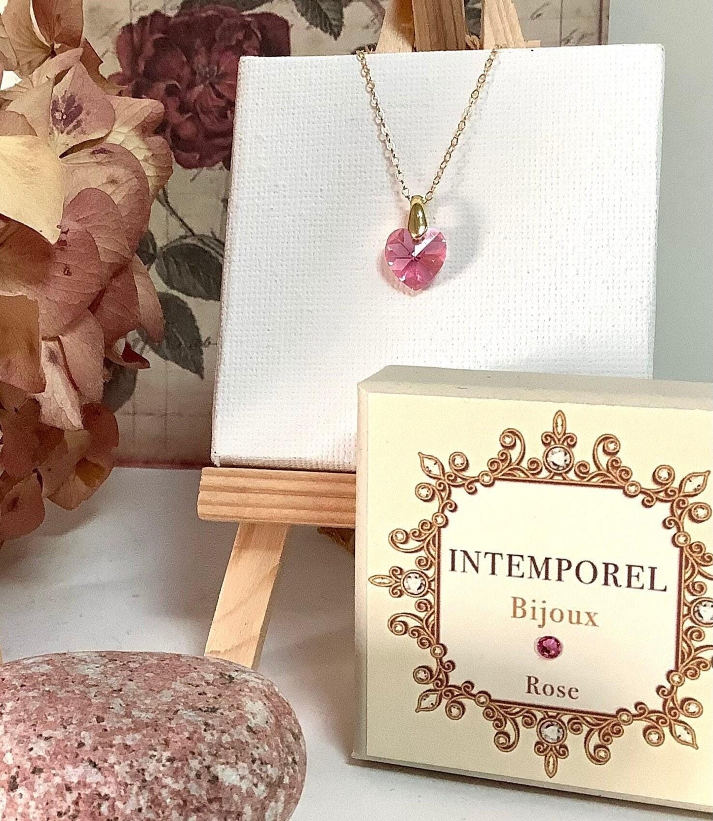 Collier coeur Rose pendentif cristal Swarovski chaîne Gold Filled plaqué or 14 k