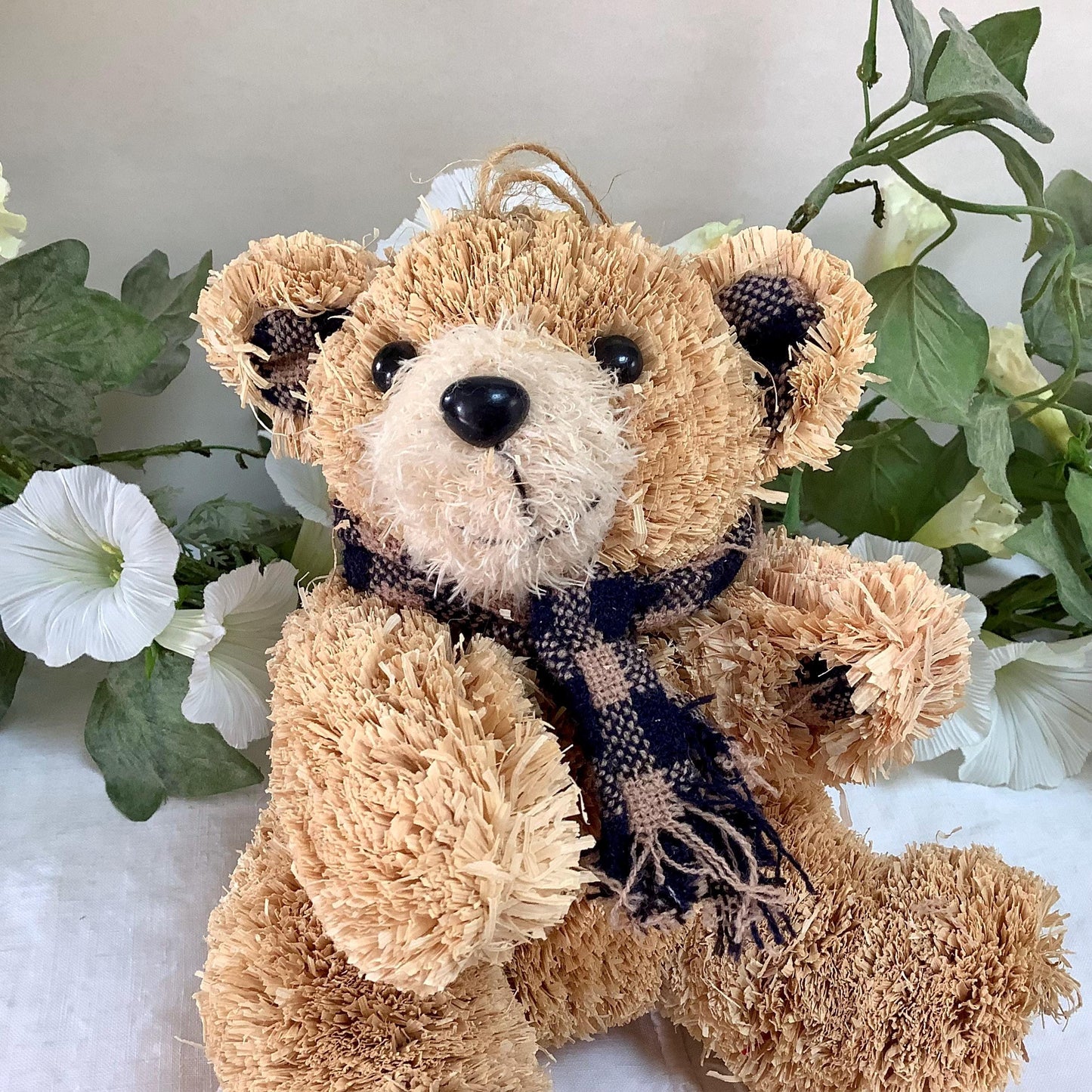 Ours ourson paille écharpe bleu vintage ht 19 cm