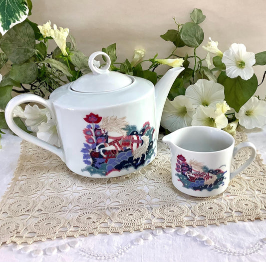 Cafetière théière pot à lait porcelaine blanche cheval création alpac vintage