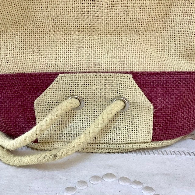 Sac de plage imperméable toile de jute beige bordeaux  ht 40 cm