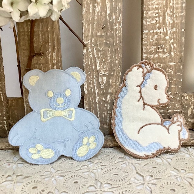 Écussons à coudre hérisson et ourson bleu vintage