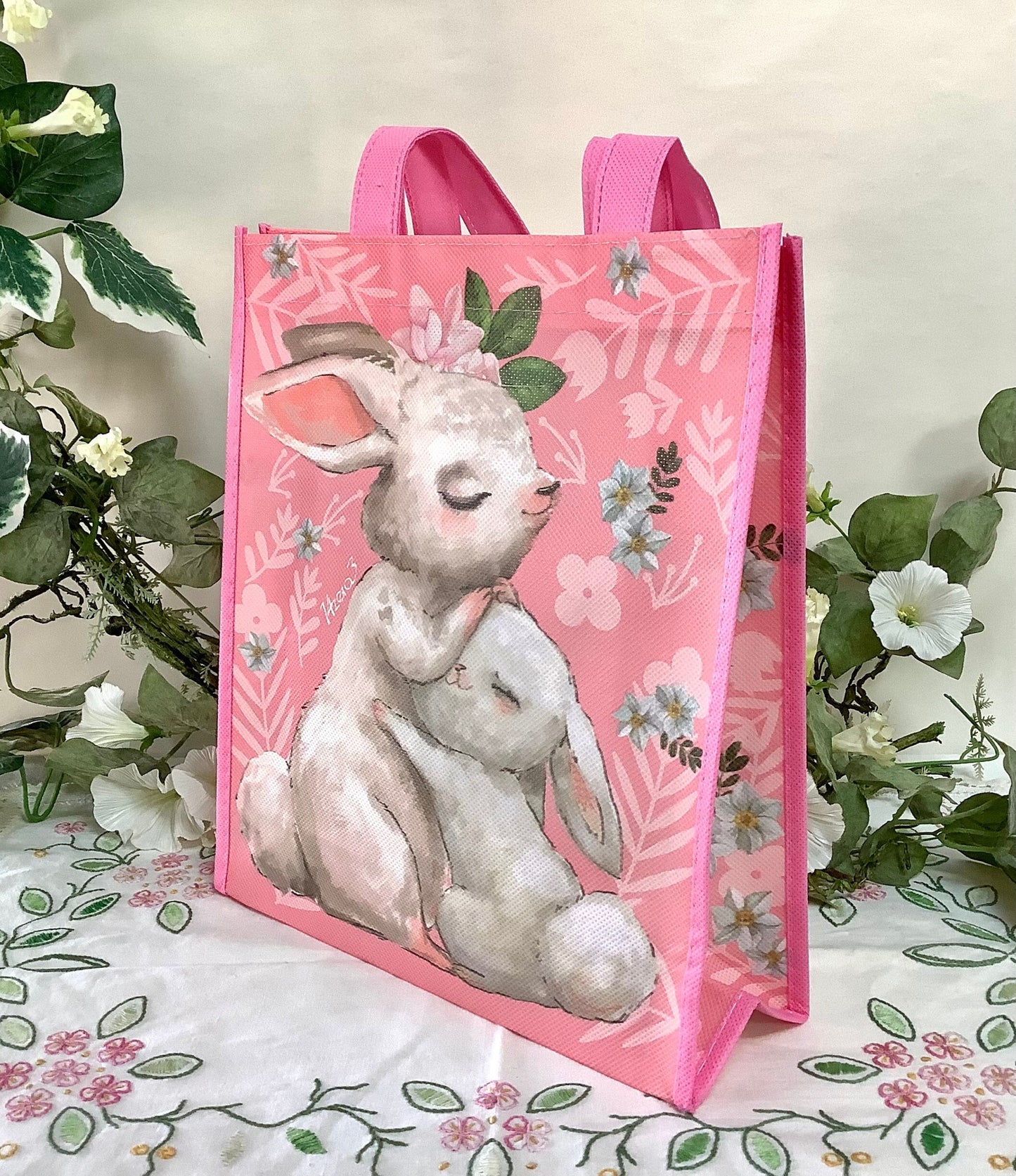 Sac Pâques rose motifs lapin ht 28 cm