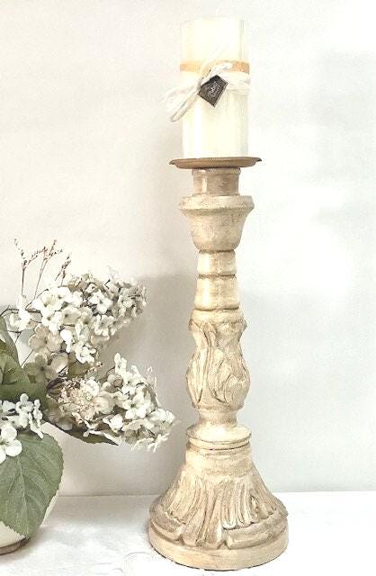 Chandelier bougeoir bois sculpté patiné beige ht 43 cm vintage