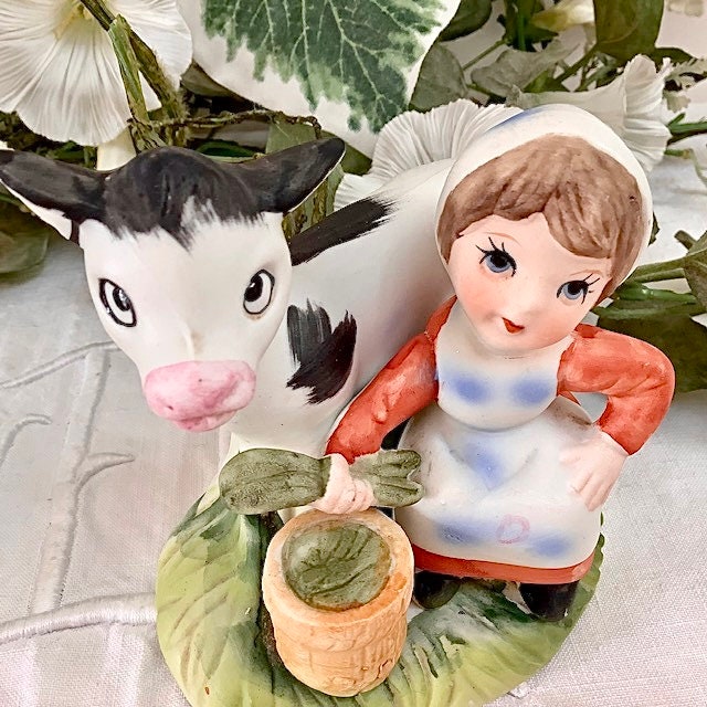 Figurines couple enfants fermiers vaches porcelaine ht 10 cm vintage