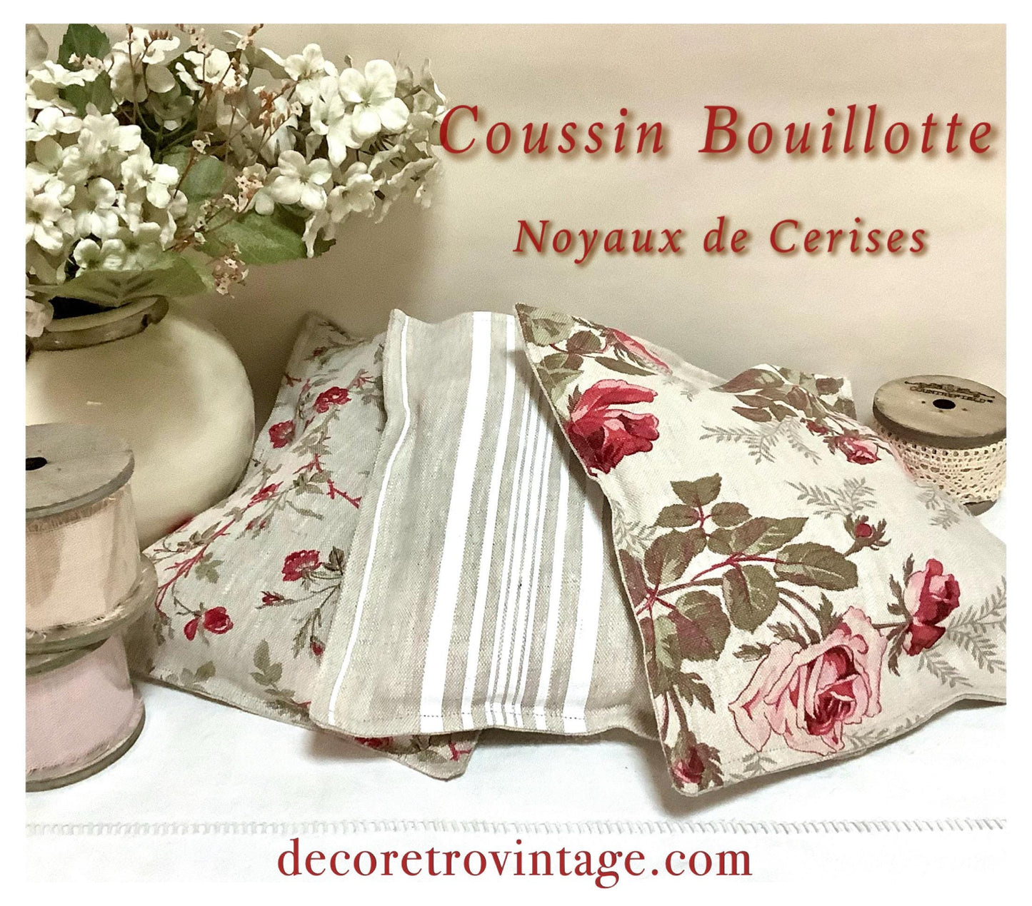 Bouillotte sèche coussin noyaux de cerises lin grandes roses