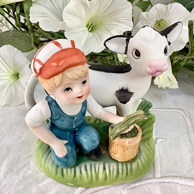 Figurines couple enfants fermiers vaches porcelaine ht 10 cm vintage