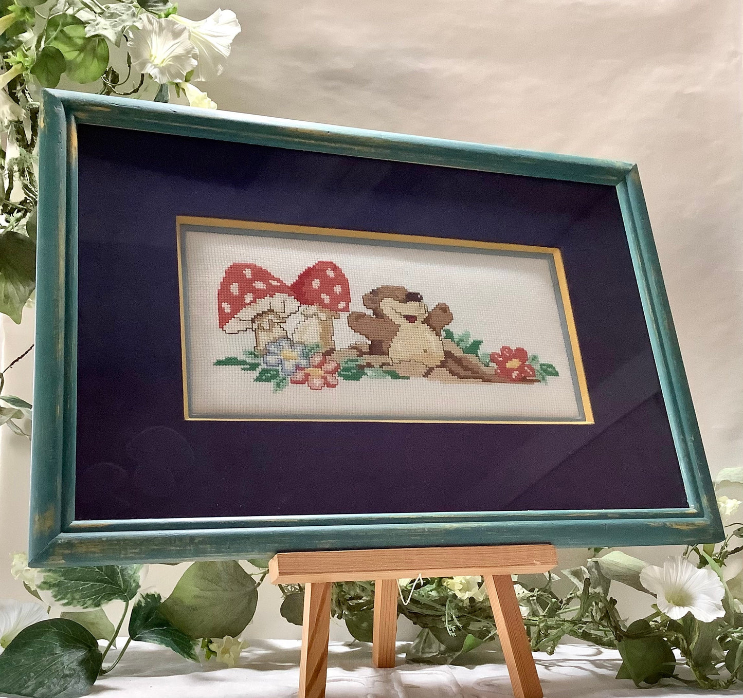 Tableau broderie enfant ourson vintage 41.5 cm x 28 cm