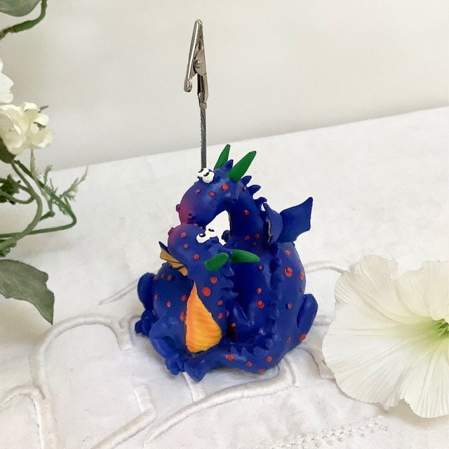 Figurine dragon bleu porte photo résine vintage