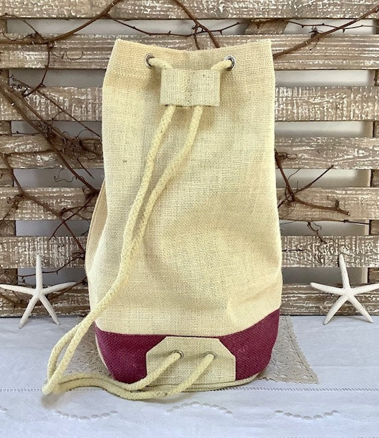 Sac de plage imperméable toile de jute beige bordeaux  ht 40 cm