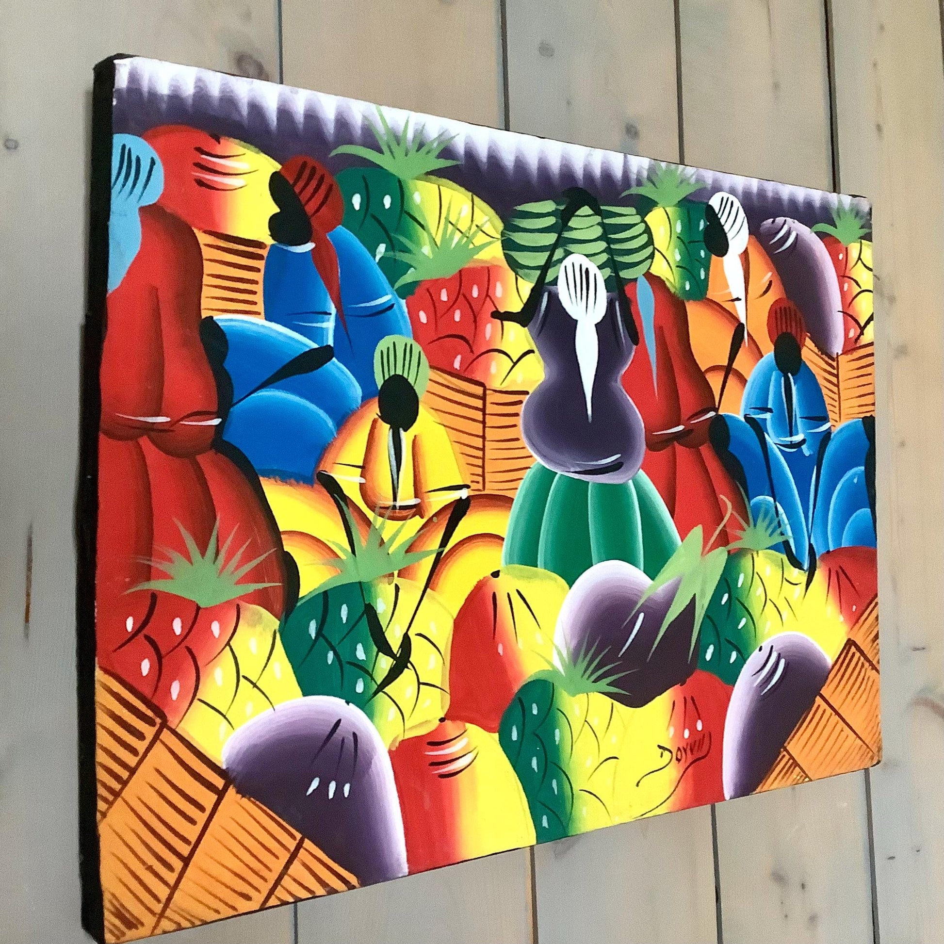 Vue rapprochée tableau art populaire République dominicaine scène vie colorée, peinture naïve originale