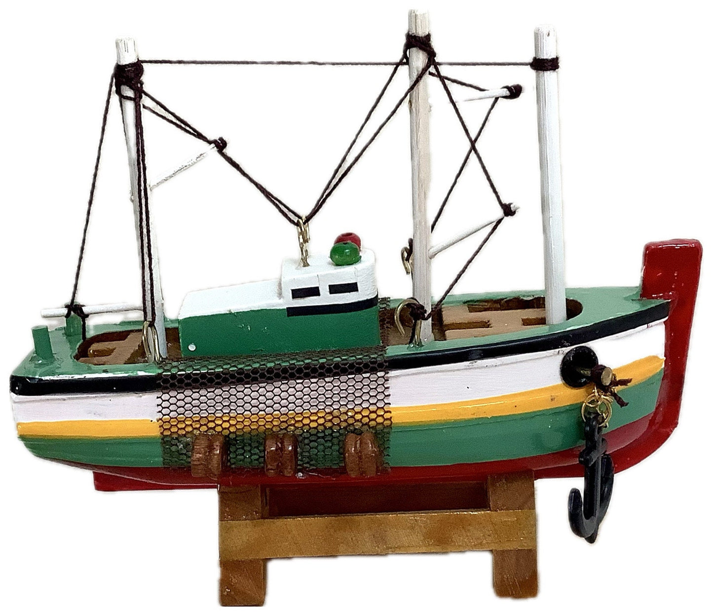 Bateau miniature bois chalutier vert rouge décoration marine ht 9 cm