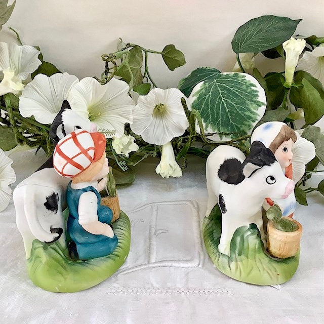 Figurines couple enfants fermiers vaches porcelaine ht 10 cm vintage