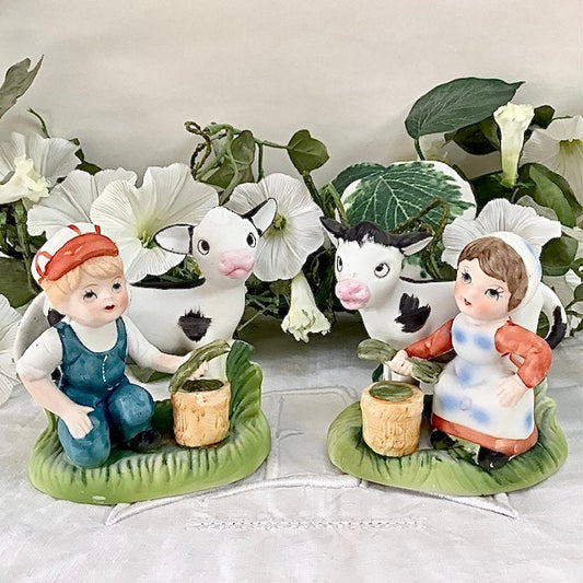 Figurines couple enfants fermiers vaches porcelaine ht 10 cm vintage