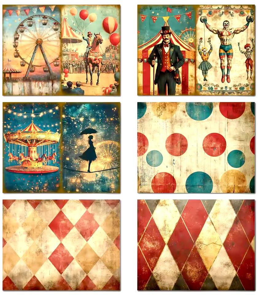 Images cirque 12 feuilles A5 vintage + 38 autocollants