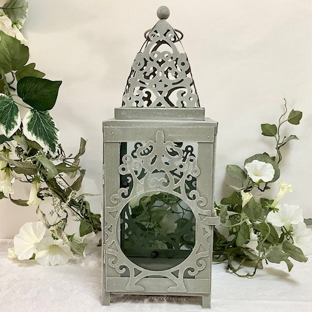  Lanterne métal gris ajouré 38 cm hauteur vitres verre vintage, à poser suspendre