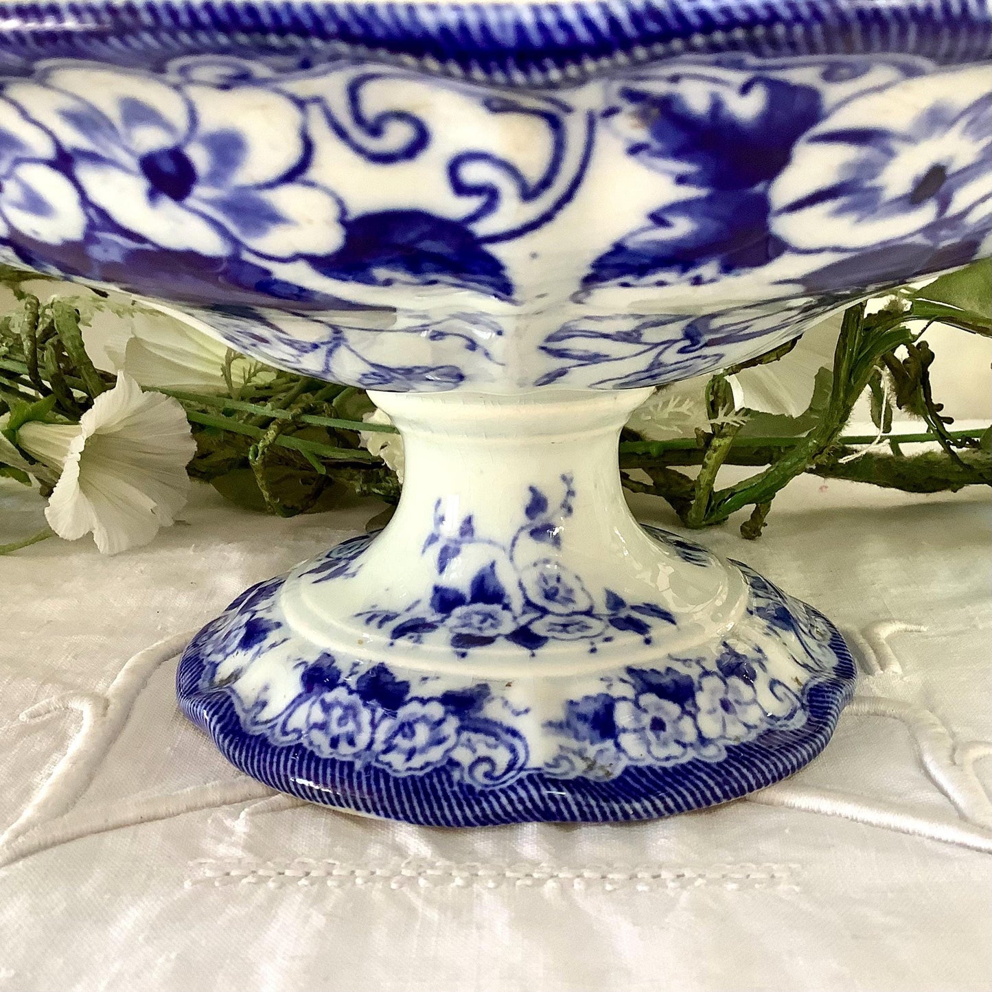 Plat serviteur piédouche compotier bleu faïence creil Flora nontereau 1855 vintage