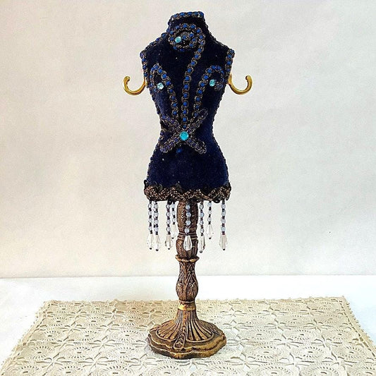 Porte bijoux mannequin velours bleu marine feston bleu or 28,5 cm hauteur, vintage
