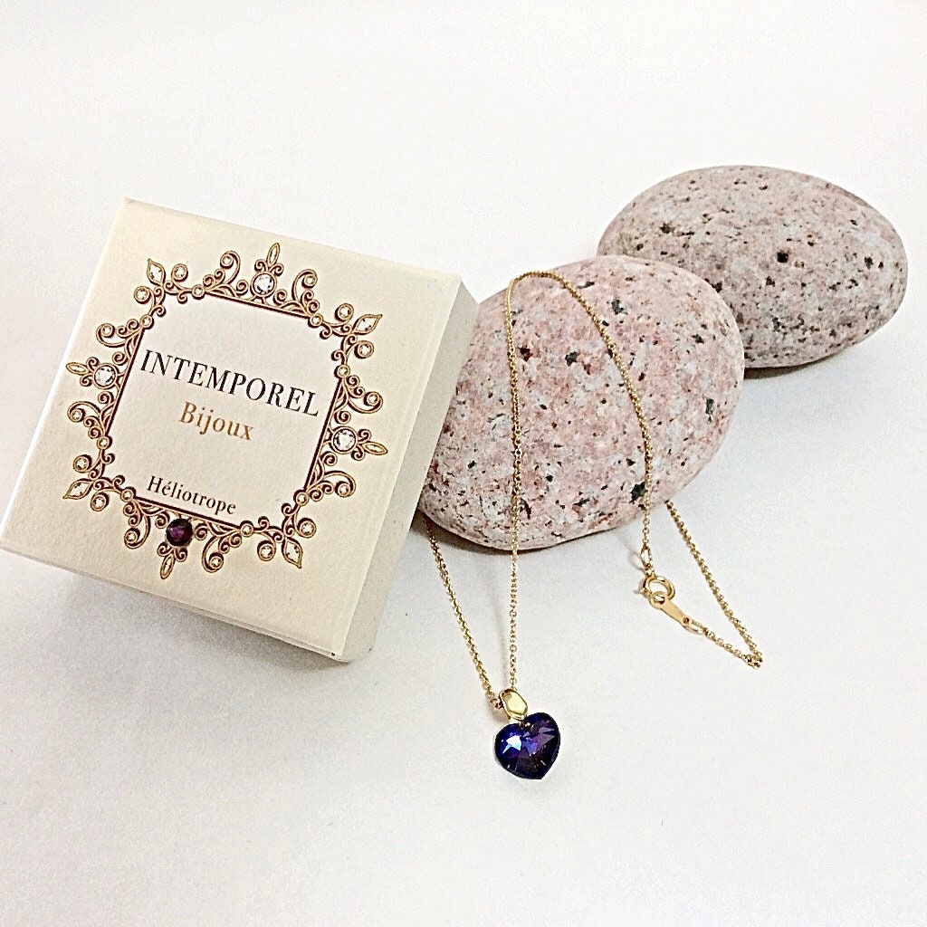 Collier coeur Héliotrope pendentif cristal Swarovski chaîne Gold Filled plaqué or 14 k