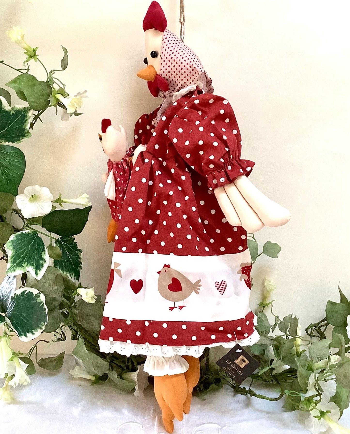 Porte sacs poule robe rouge blanc avec deux poussin la galleria ht 55 cm