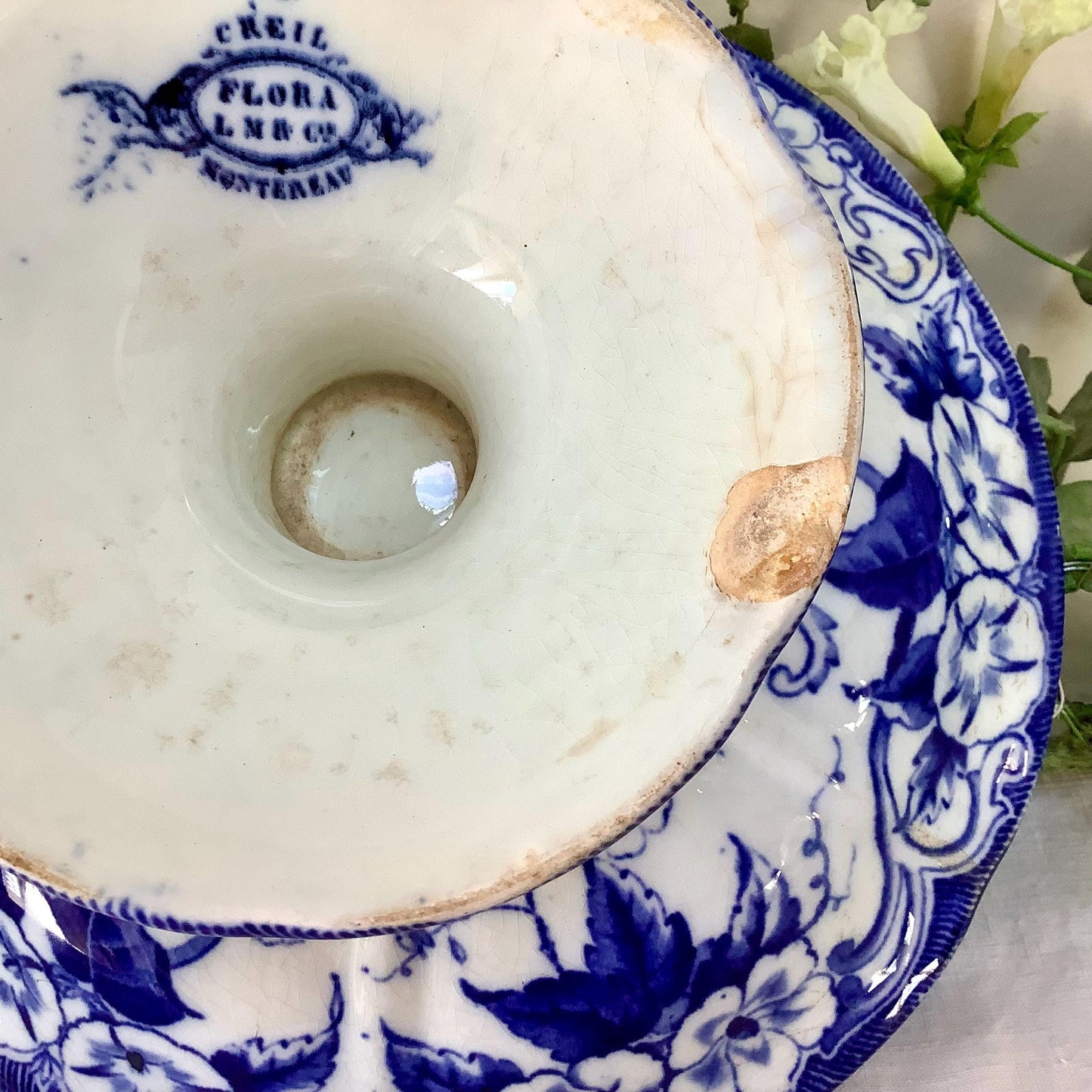 Plat serviteur piédouche compotier bleu faïence creil Flora nontereau 1855 vintage