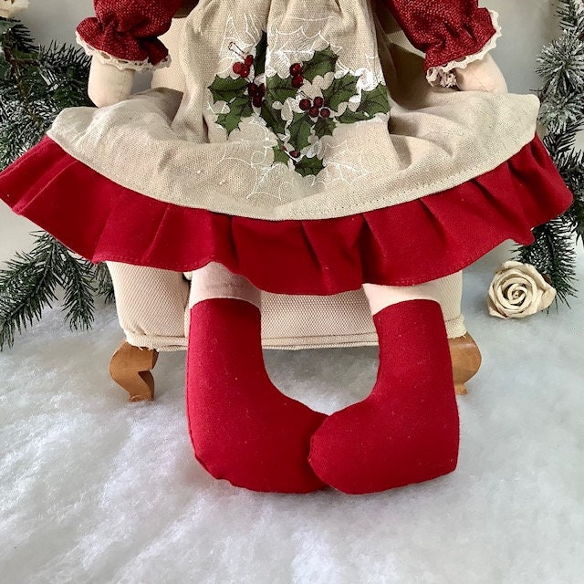 Poupée de chiffon ange tissu écru rouge  ht 27 cm vintage