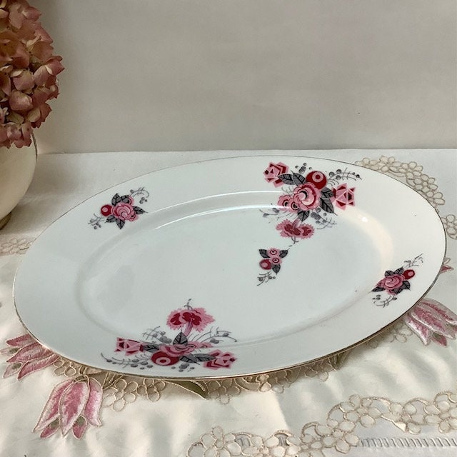 Plat ovale vintage porcelaine art déco roses AV