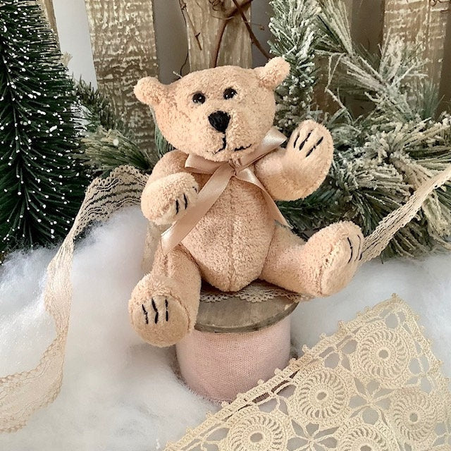 Ensemble ours peluche beige boîte bois ruban enveloppe, cadeau vintage 10 cm