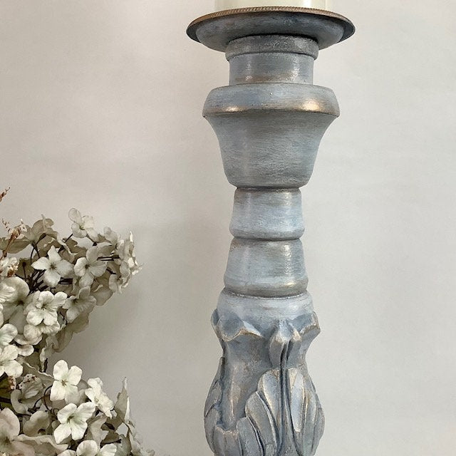 Chandelier bougeoir bois sculpté  bleu or vintage 43 cm hauteur bougie 