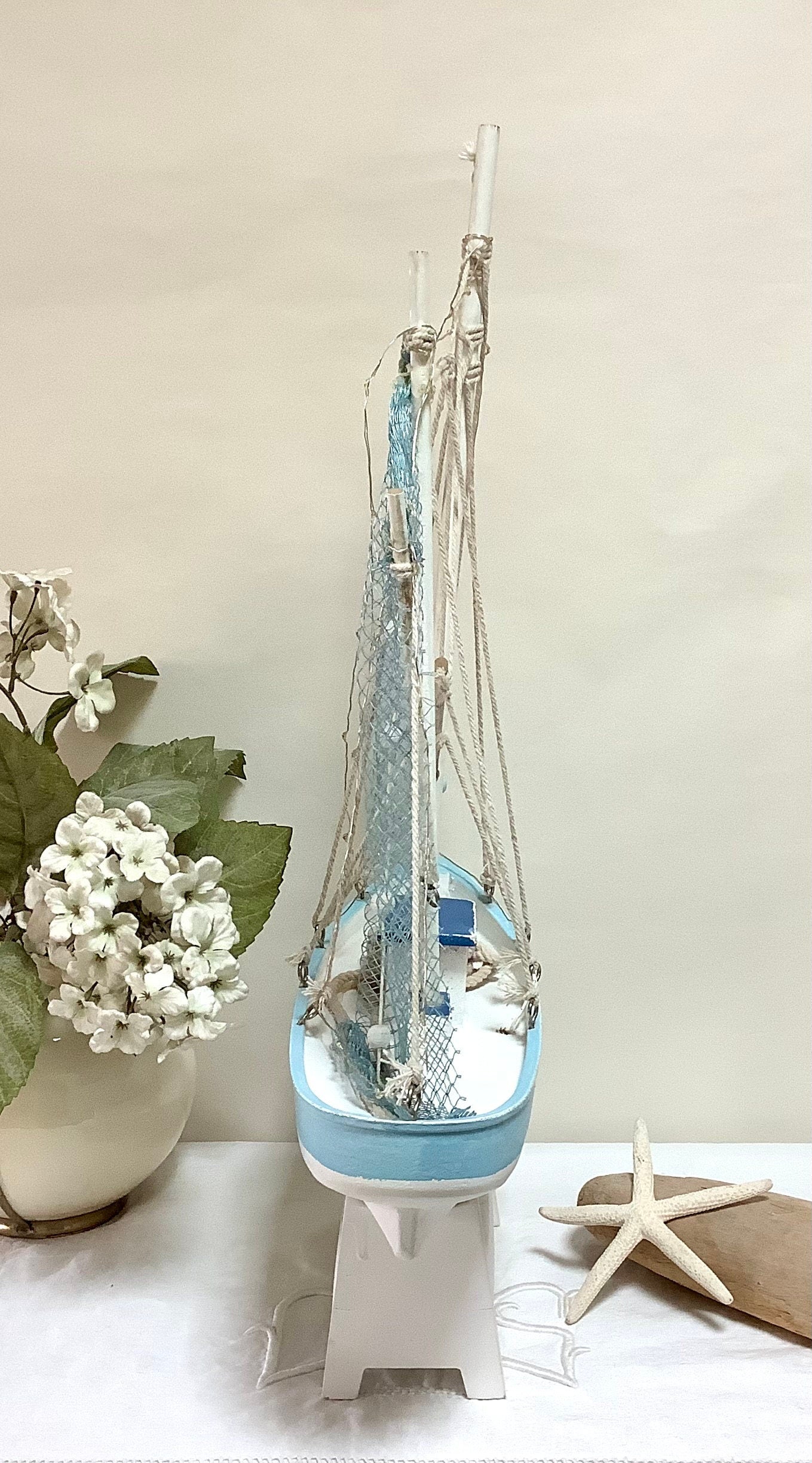 Grand bateau bois bleu blanc  lumière led vintage ht  54.5 cm