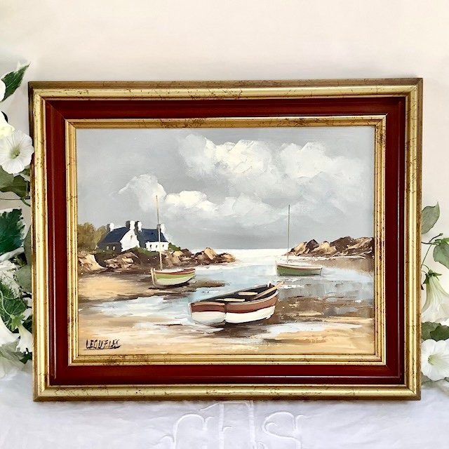 Tableau paysage marin huile sur toile vintage
