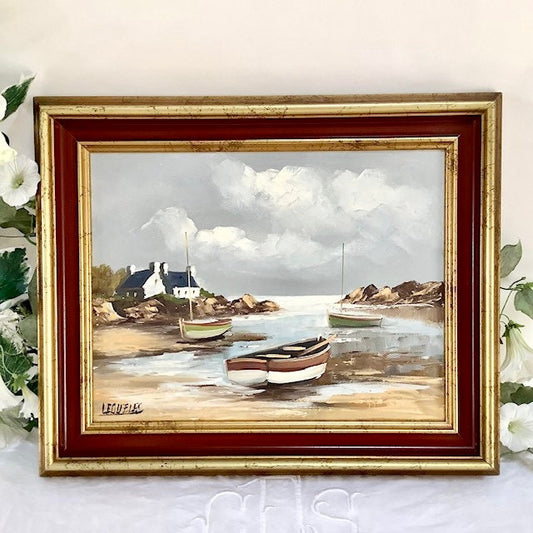 Tableau paysage marin huile sur toile vintage