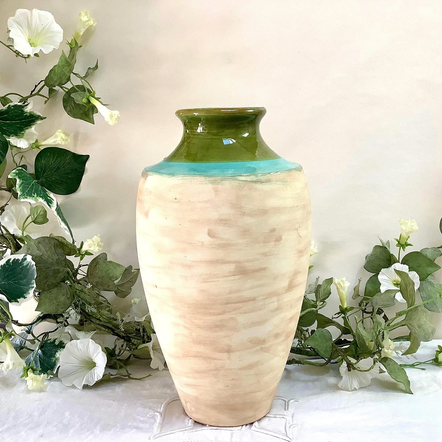  Grand vase beige vert turquoise faïence fait main 31 cm hauteur, céramique vintage signé