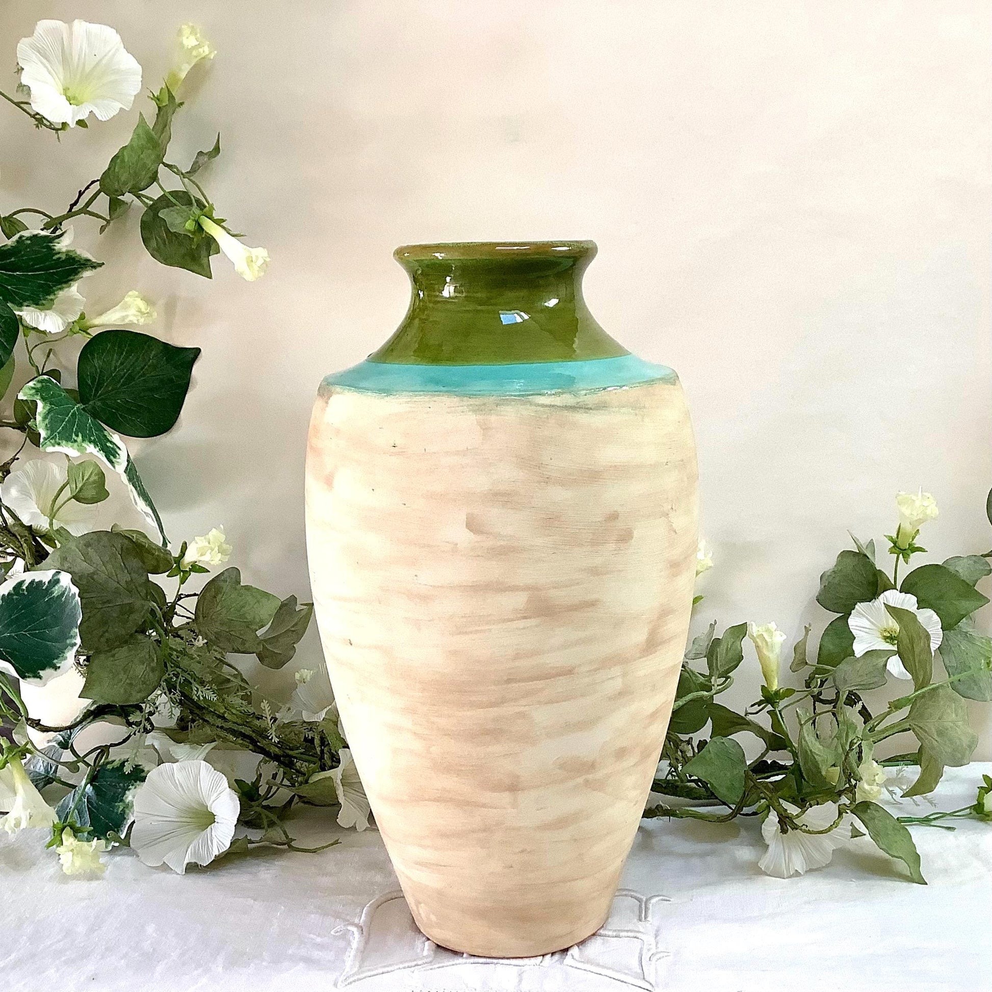  Grand vase beige vert turquoise faïence fait main 31 cm hauteur, céramique vintage signé