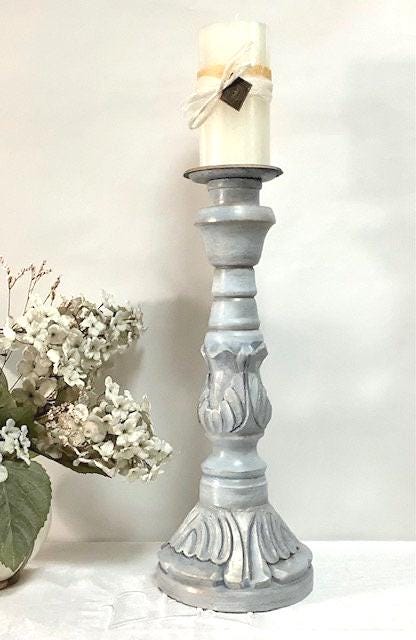 Chandelier bougeoir bois sculpté patiné bleu ht 43 cm vintage