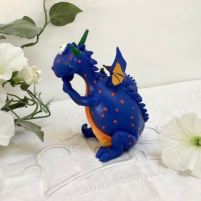 Figurine résine dragon bleu avec bébé vintage