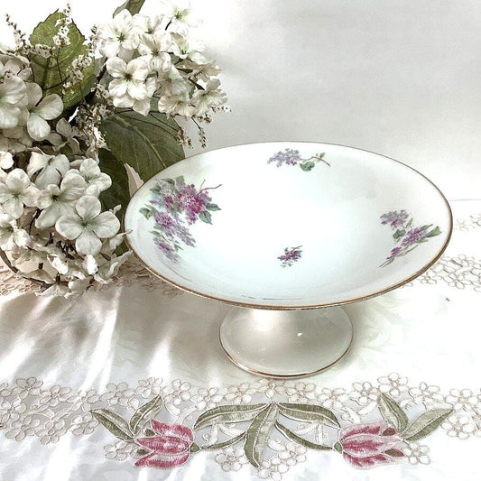 Plat serviteur piédouche porcelaine coupe à fruits lilas vintage