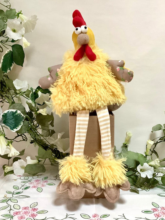 Poule jaune assise peluche décoration vintage ht 25 cm