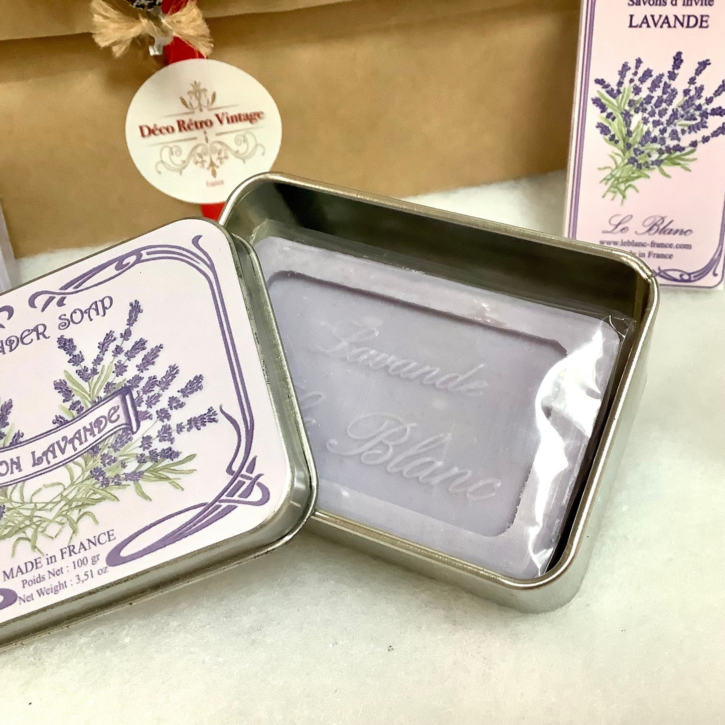 Savons lavande boîte métal savons invités Leblanc vintage