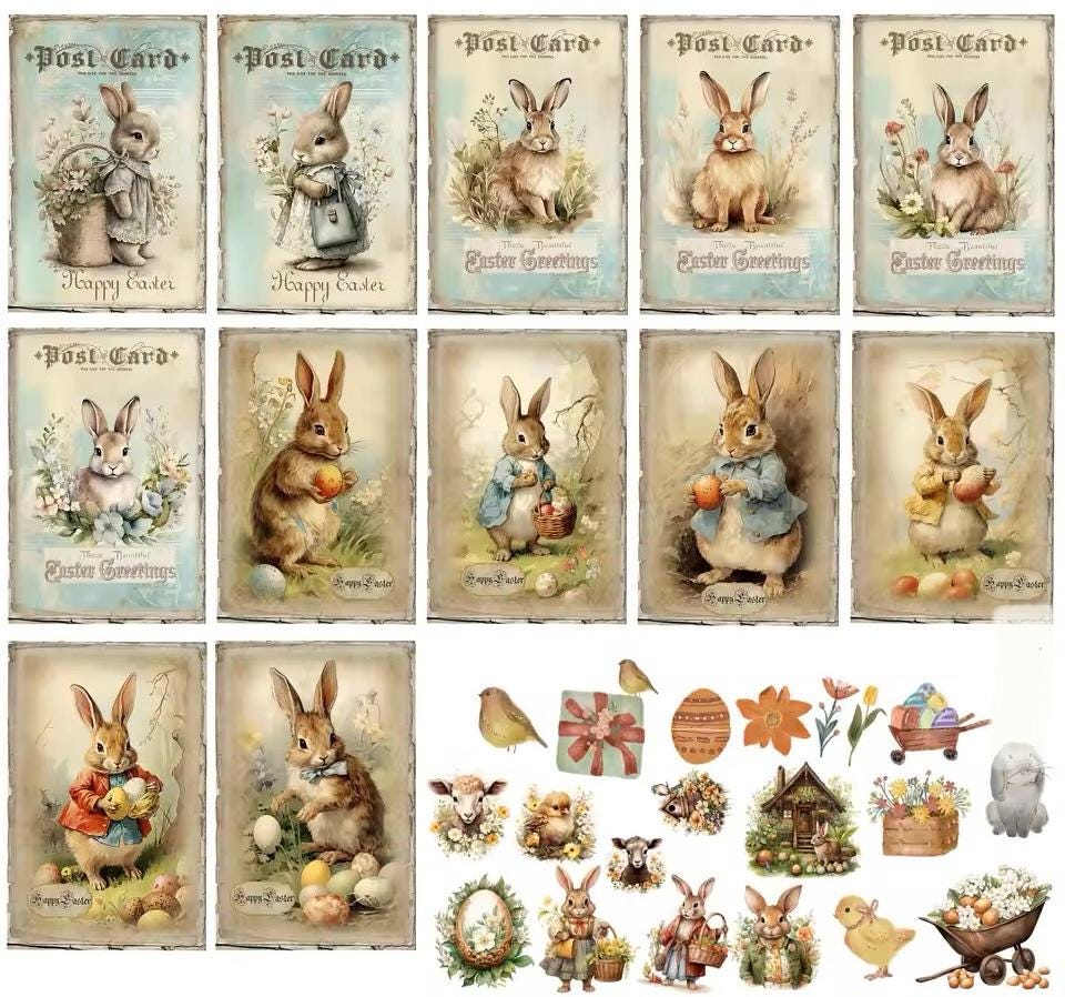 Images lapin de Pâques vintage 12 cartes + 38 autocollants