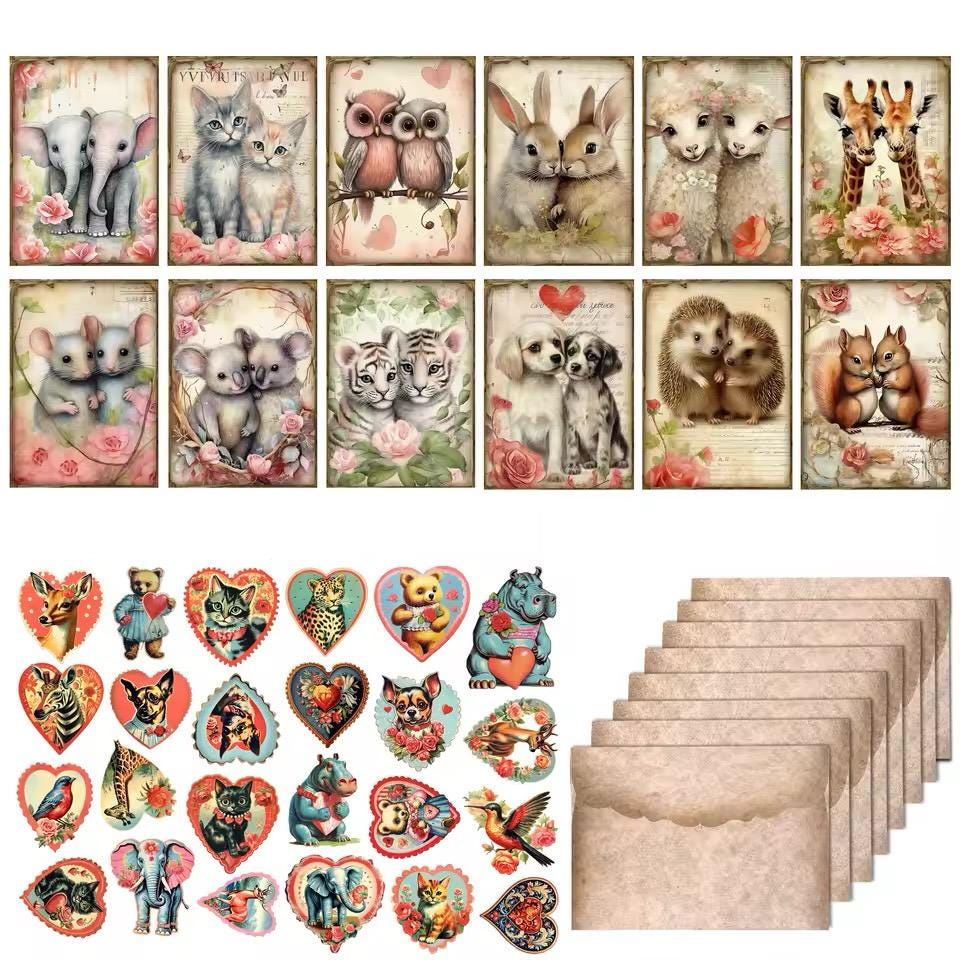 Images animaux mignons  12 cartes + 8 enveloppes + 48 autocollants