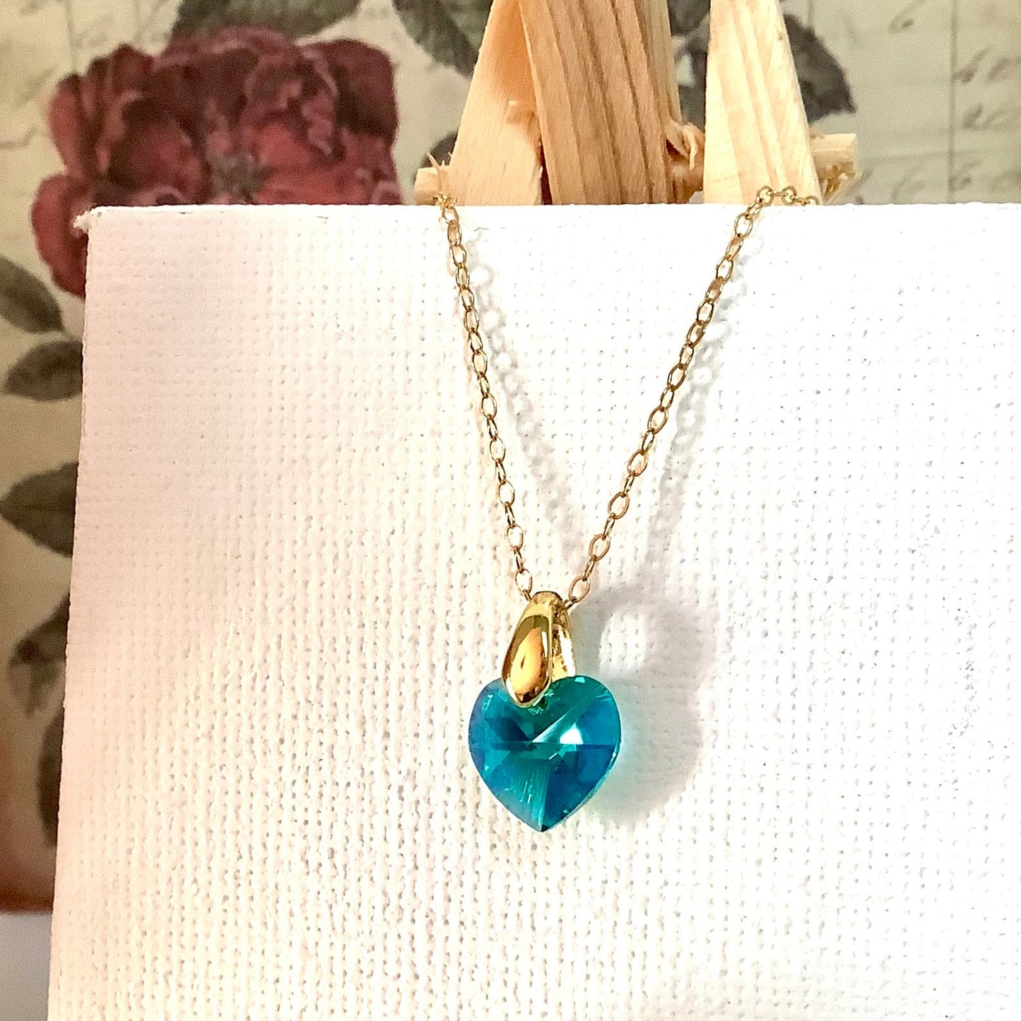 Collier coeur Blue zircon pendentif cristal Swarovski chaîne Gold Filled plaqué or 14 k