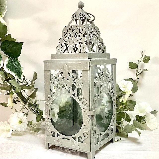  Lanterne métal gris ajouré 38 cm hauteur vitres verre vintage, à poser suspendre