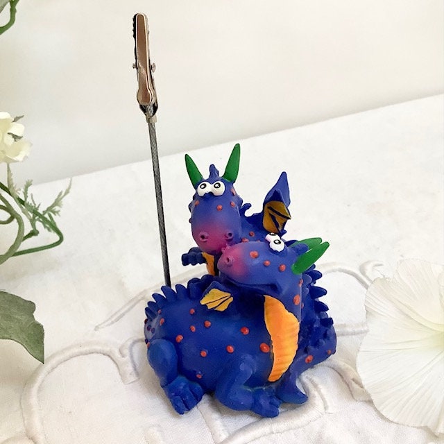 Figurine dragon bleu porte photo résine vintage