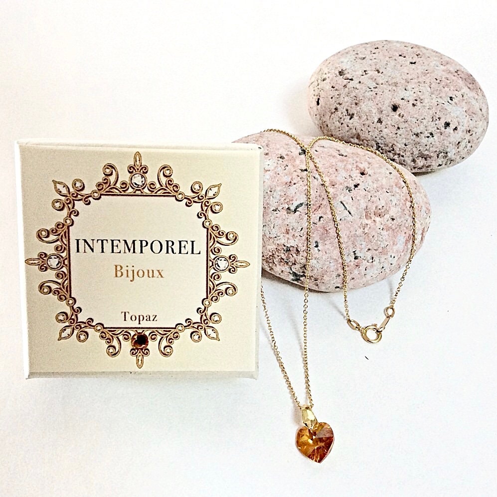 Collier coeur Topaz pendentif cristal Swarovski chaîne Gold Filled plaqué or 14 k