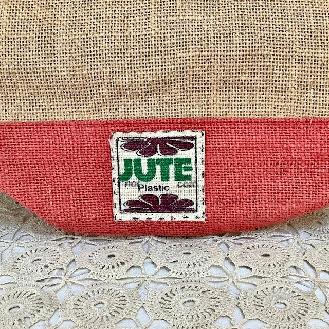 Sac de plage imperméable toile de jute beige framboise ht 40 cm