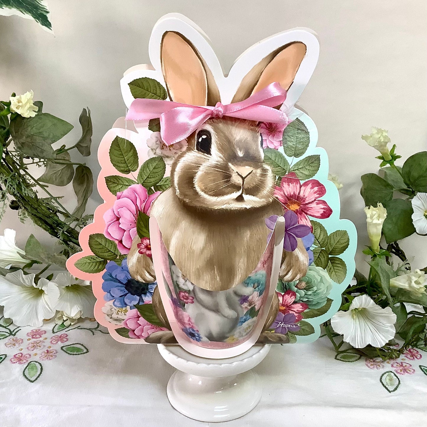 Mug porcelaine rose lapin ht 10 cm